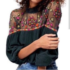 Free People Embroidered Mesh Green Top